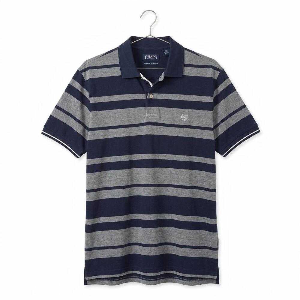 Chaps Men’s Navy Blue & Heather Grey Striped Short Sleeve Polo Shirt